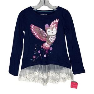 Isaac Mizrahi Shirt Girls 5 6 Navy‎ Blue Graphic Tee Owl Lace Fun Novelty Casual